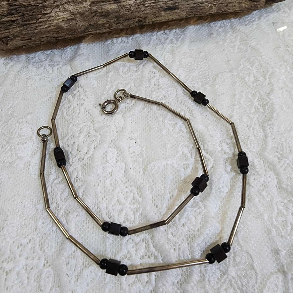 Boho Silver Toned Tubes and Black Beaded Choker Necklace